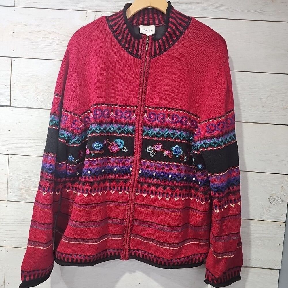 Vintage Floral Embroidered Knit Women's Zip Up Sweater Jacket Lined Size L